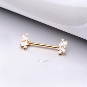 A Pair of Golden Sparkle Overload ZigZag Nipple Barbell-Clear Gem