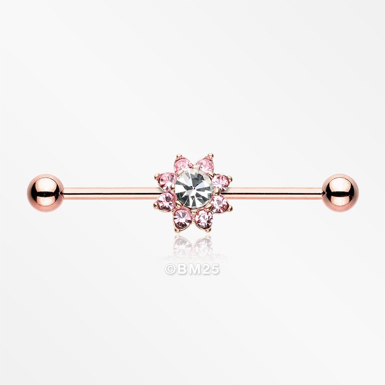 Rose Gold Luscious Flower Industrial Barbell