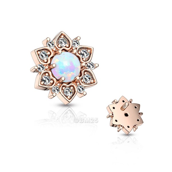 Rose Gold Fire Opal Flower Love Sparkle Dermal Anchor Top-White Opal
