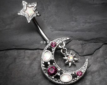 Celestial Opal Moon Star Belly Button Ring