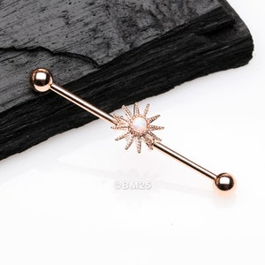 Rose Gold Fire Opal Sunburst Sparkle Industrial Barbell-White Opal