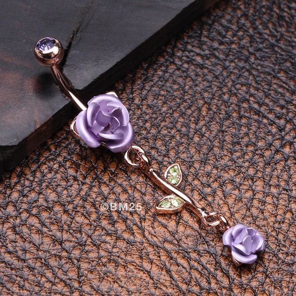 Rose Gold Bright Metal Rose Belly Button Ring-Tanzanite