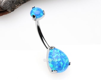 Implant Grade Titanium Internally Threaded Teardrop Opal Prong Belly Button Ring-Blue Opal