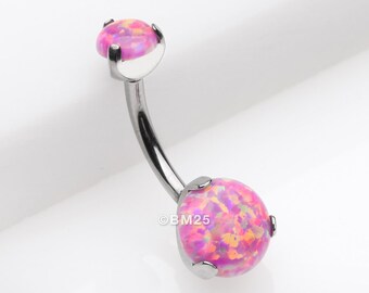 Implant Grade Titanium Internally Threaded Opal Prong Belly Button Ring-Pink Opal