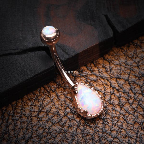 Rose Gold Fire Opal Elegance Teardrop Belly Button Ring-White