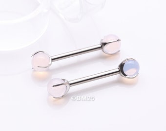 A Pair of Implant Grade Titanium Pink Opalite Stone Ball Claw Prong Internally Threaded Nipple Barbell