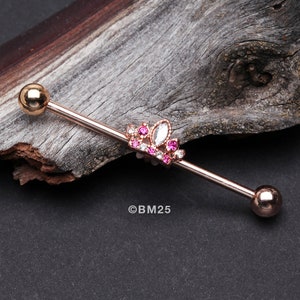 Rose Gold Tiara Crown Sparkle Industrial Barbell-Clear Gem/Fuchsia