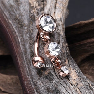 Rose Gold Brilliant Sparkle Triple Gem Reverse Belly Button Ring-Clear Gem