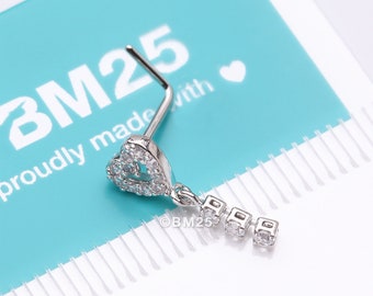 Sparkle Heart Loop Dangle Gem Drop L-Shaped Nose Ring-Clear Gem