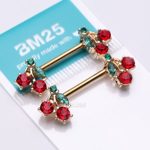 A Pair of Golden Luscious Cherry Fruit Sparkle Nipple Barbell