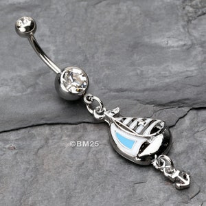Classic Sail Boat Anchor Dangle Belly Button Ring-Clear Gem