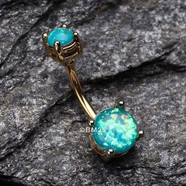 Golden Opal Sparkle Prong Set Belly Button Ring-Teal