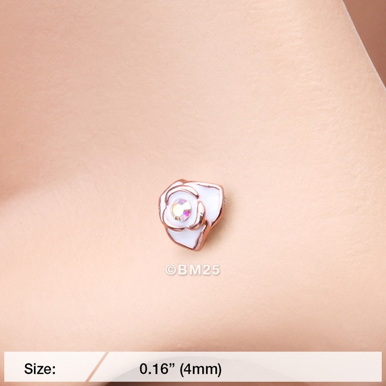 Rose Gold White Rose Blossom Sparkle Nose Stud Ring
