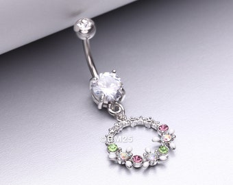 Sparkle Chic Flower Wreath Belly Button Ring-Clear Gem