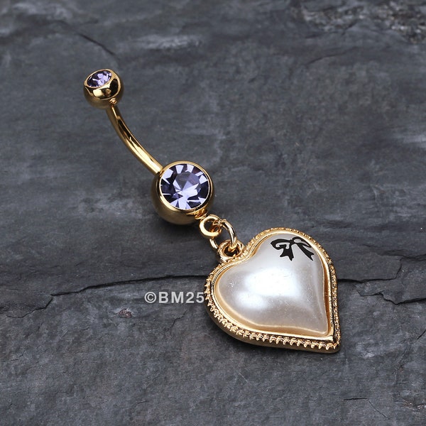 Golden Puffed Pearl Heart Ribbon Belly Ring-Tanzanite