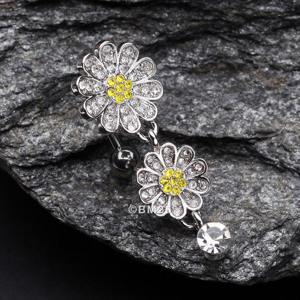 Daisy Glam Multi-Gem Reverse Belly Button Ring-Clear Gem/Yellow