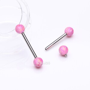 A Pair of Implant Grade Titanium Iridescent Fire Opal Ball Internally Threaded Nipple Barbell - Pink Opal