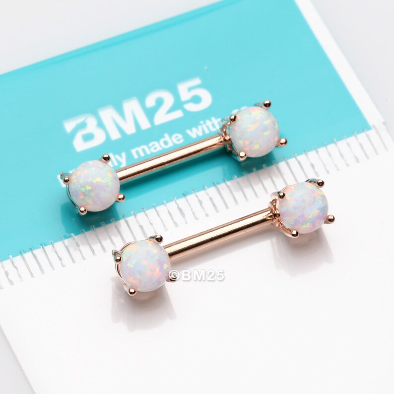 A Pair of Rose Gold Fire Opal Prong Set Sparkle Nipple Barbell White Opal