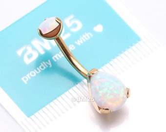 Implant Grade Titanium Golden Internally Threaded Teardrop Opal Prong Belly Button Ring-White Opal