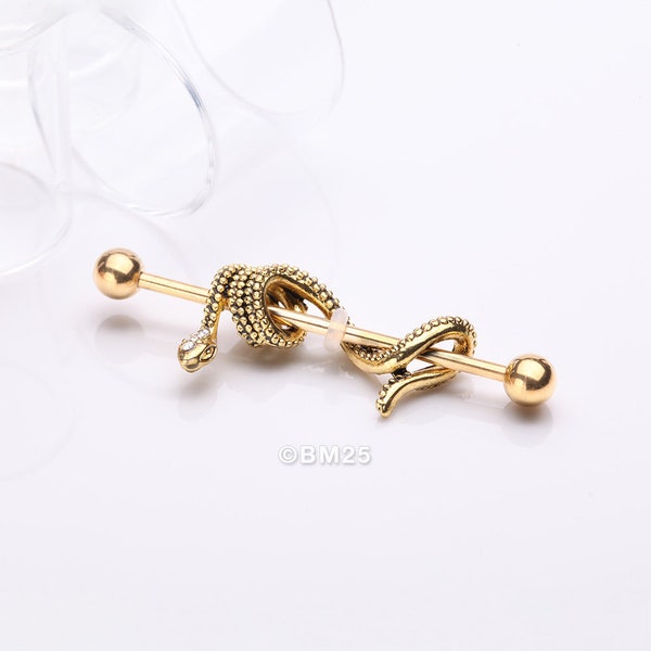 Golden Antique Serpent Snake Sparkle Steel Industrial Barbell-Clear Gem