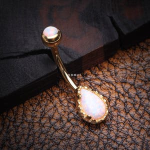 Golden Fire Opal Elegance Teardrop Belly Button Ring-White