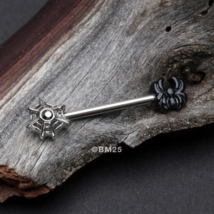 A Pair Of Itsy Goth Spider And Web Nipple Barbell