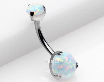 Implant Grade Titanium Internally Threaded Opal Prong Belly Button Ring-White Opal