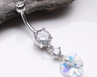 Iridescent Sparkle Heart Lumi Belly Button Ring-Clear Gem/Aurora Borealis