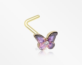 Golden Mystic Purple Butterfly Sparkle L-Shaped Nose Ring-Clear Gem/Purple