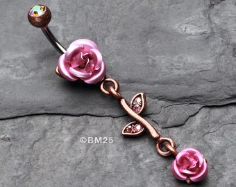 Vintage Boho Metal Rose Belly Button Ring-Copper/Pink/Aurora Borealis