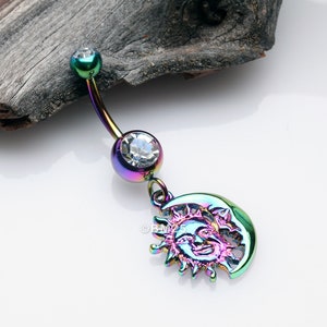 Rainbow Sun & Moon Union of Opposites Belly Button Ring-Clear Gem