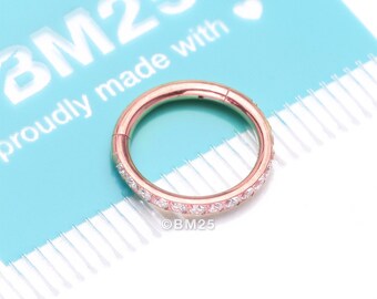 Implant Grade Titanium Rose Gold Brilliant Sparkle Gems Lined Clicker Hoop Ring-Clear Gem