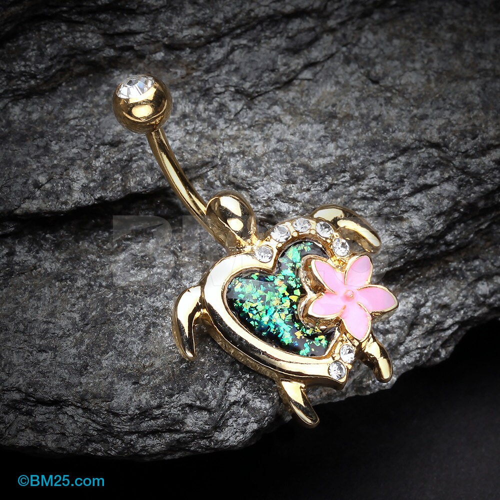 Golden Hawaiian Flower Turtle Opal Sparkle Belly Button Ring | Etsy