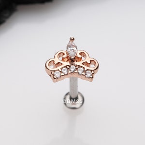 Rose Gold Royal Tiara Sparkle Top Threadless Push-In Steel Labret-Clear Gem