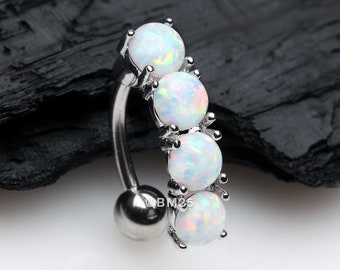 Classic Fire Opal Vertical Sparkle Reverse Belly Button Ring-White Opal