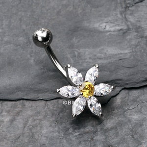 Glistening Flower Bliss Non Dangle Belly Button Ring-Clear Gem/Yellow