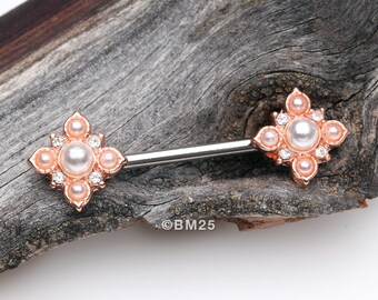 A Pair Of Rose Gold Vintage Pearlescent Sparkle Floral Nipple Barbell