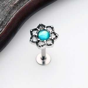 Lotus Flower Filigree Opal Sparkle Steel Labret (tragus, helix, cartilage, lip ring)