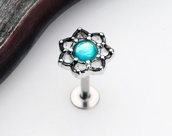 Lotus Flower Filigree Opal Sparkle Steel Labret (tragus, helix, cartilage, lip ring)