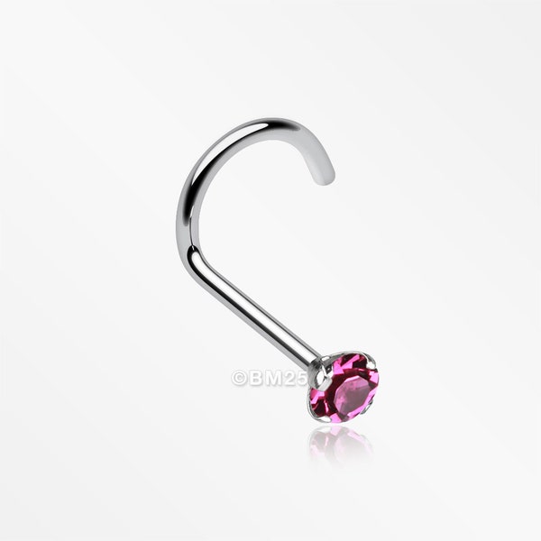 Prong Set Gem Top Steel Nose Screw Ring-Fuchsia