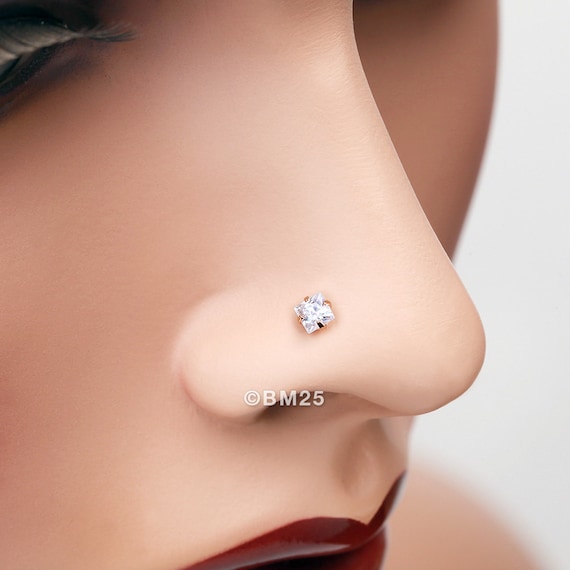 Rose Gold Square Prong Set Gem Top Nose Stud Ring clear Gem Etsy