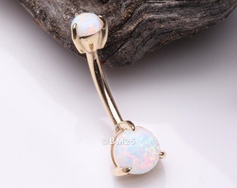 14 Karat Gold Fire Opal Sparkle Double Prong Belly Button Ring-White Opal