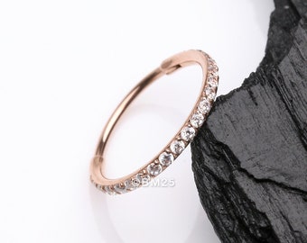 Rose Gold Brilliant Sparkle Gems Lined Seamless Clicker Hoop Nose Ring-Clear Gem