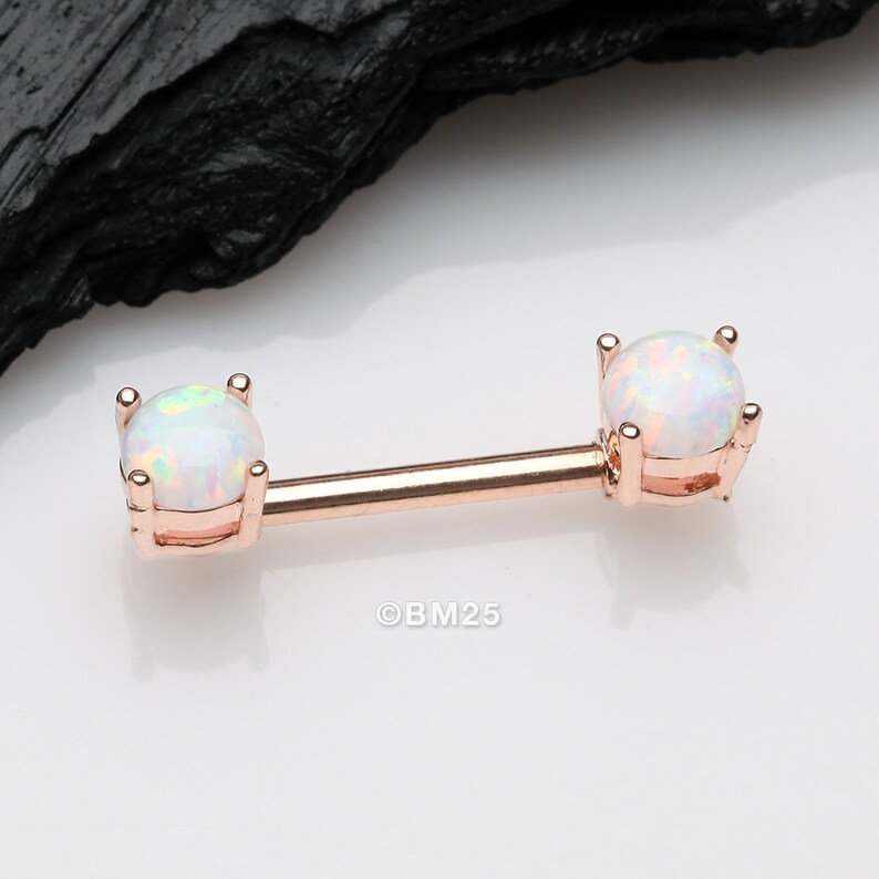 A Pair of Rose Gold Fire Opal Prong Set Sparkle Nipple Barbell White Opal