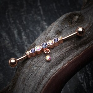 Rose Gold Dazzling Gem Row Sparkle Dangle Industrial Barbell-Tanzanite/Aurora Borealis