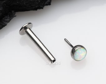 Fire Opal Bezel Set Top Threadless Push-In Steel Labret-White Opal