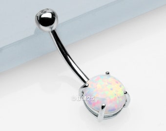 14 Karat White Gold Prong Set Fire Opal Belly Button Ring-Clear Gem/White Opal