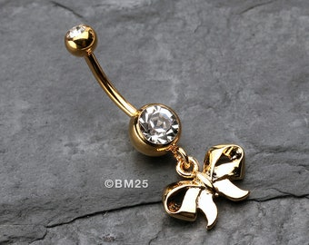 Golden Dainty Bow Tie Belly Button Ring-Clear Gem