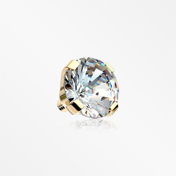 14 Karat Gold Round Prong Set Gem Dermal Anchor Top Part clear Gem