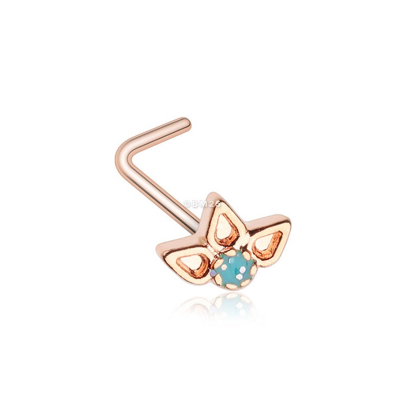 Rose Gold Lotus Ornate Sparkle L-Shaped Nose Ring-Teal